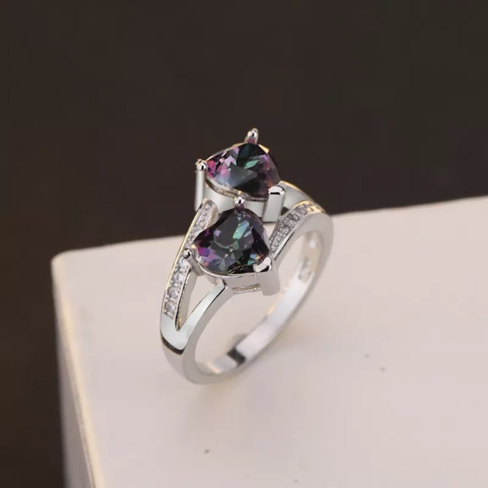 💎925 Silver Plated Lovely Double Heart-Shaped CZ Ring, MLNN1192